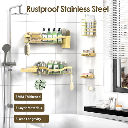 NESOMI 7-Pack Shower Caddy Adhesive,Stainless Steel Shower Organizer Shelf | Rustproof, with Soap Dish Toothbrush Holder, Large Capacity, No-Drill Rack Bathroom Storage Accessories, 24 Hooks, Home Decor
