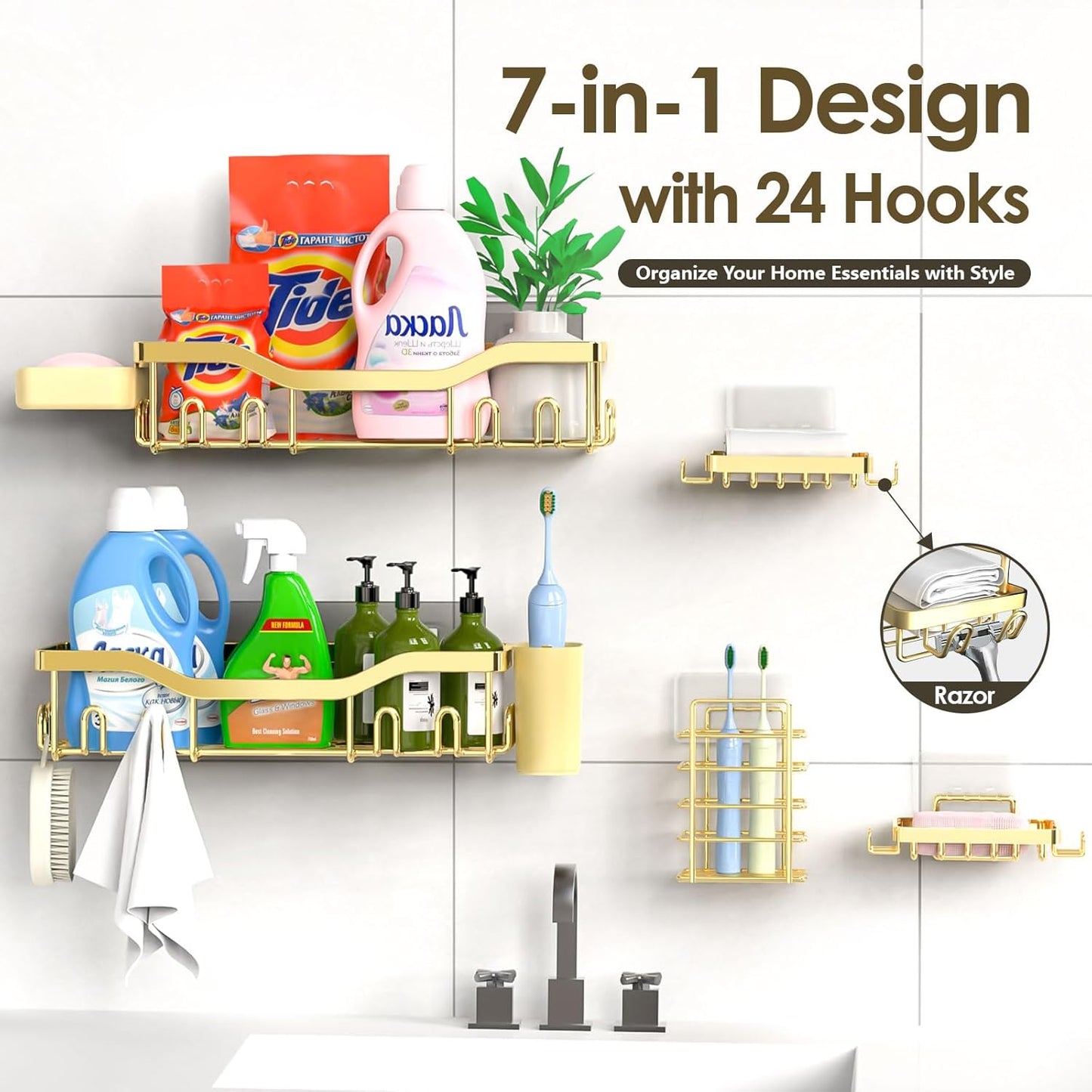 NESOMI 7-Pack Shower Caddy Adhesive,Stainless Steel Shower Organizer Shelf | Rustproof, with Soap Dish Toothbrush Holder, Large Capacity, No-Drill Rack Bathroom Storage Accessories, 24 Hooks, Home Decor