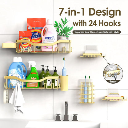 NESOMI 7-Pack Shower Caddy Adhesive,Stainless Steel Shower Organizer Shelf | Rustproof, with Soap Dish Toothbrush Holder, Large Capacity, No-Drill Rack Bathroom Storage Accessories, 24 Hooks, Home Decor