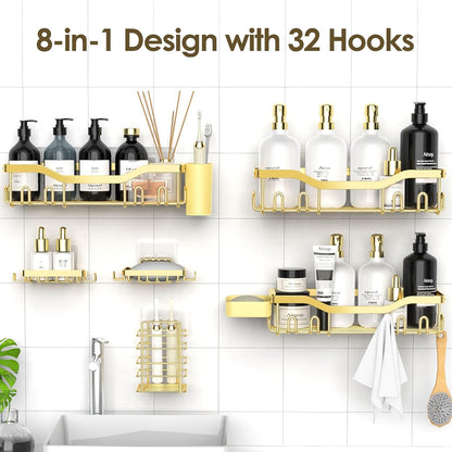 NESOMI 7-Pack Shower Caddy Adhesive,Stainless Steel Shower Organizer Shelf | Rustproof, with Soap Dish Toothbrush Holder, Large Capacity, No-Drill Rack Bathroom Storage Accessories, 24 Hooks, Home Decor