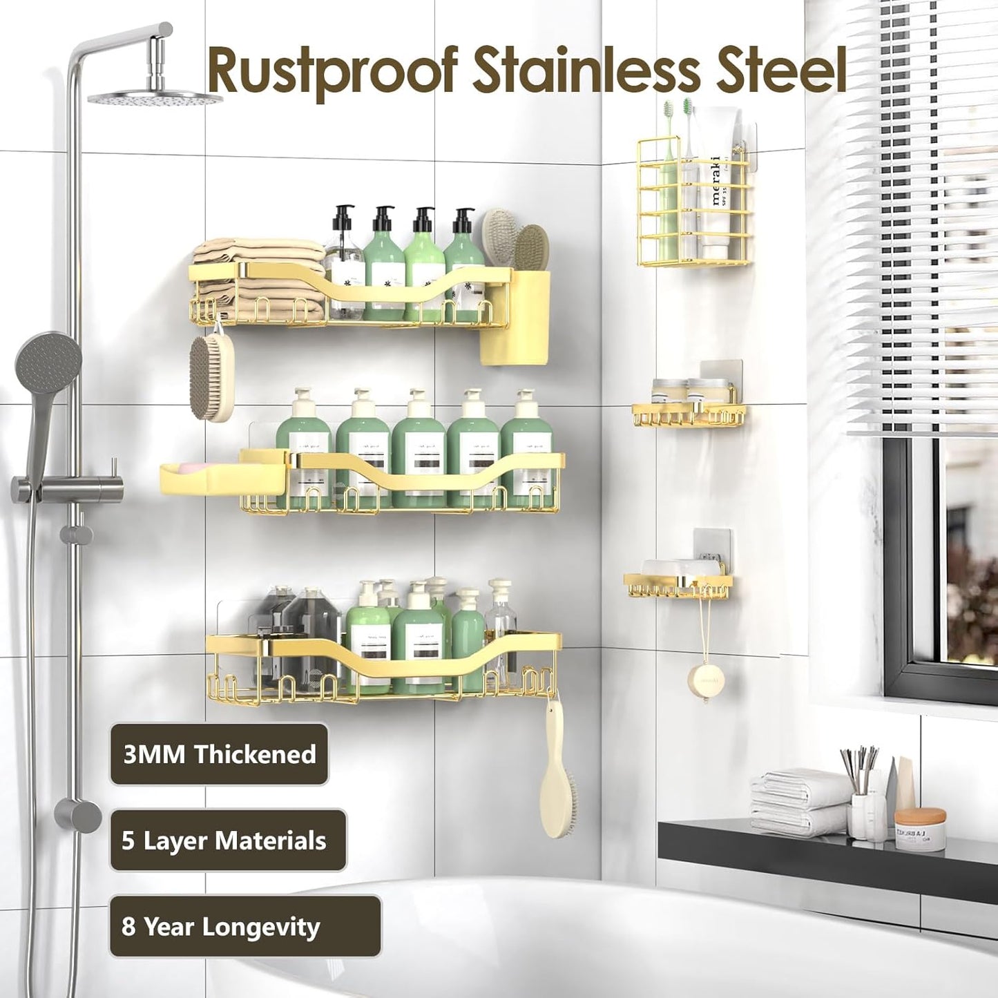 NESOMI 7-Pack Shower Caddy Adhesive,Stainless Steel Shower Organizer Shelf | Rustproof, with Soap Dish Toothbrush Holder, Large Capacity, No-Drill Rack Bathroom Storage Accessories, 24 Hooks, Home Decor