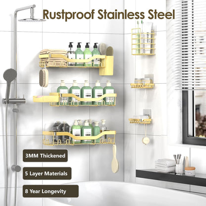 NESOMI 7-Pack Shower Caddy Adhesive,Stainless Steel Shower Organizer Shelf | Rustproof, with Soap Dish Toothbrush Holder, Large Capacity, No-Drill Rack Bathroom Storage Accessories, 24 Hooks, Home Decor