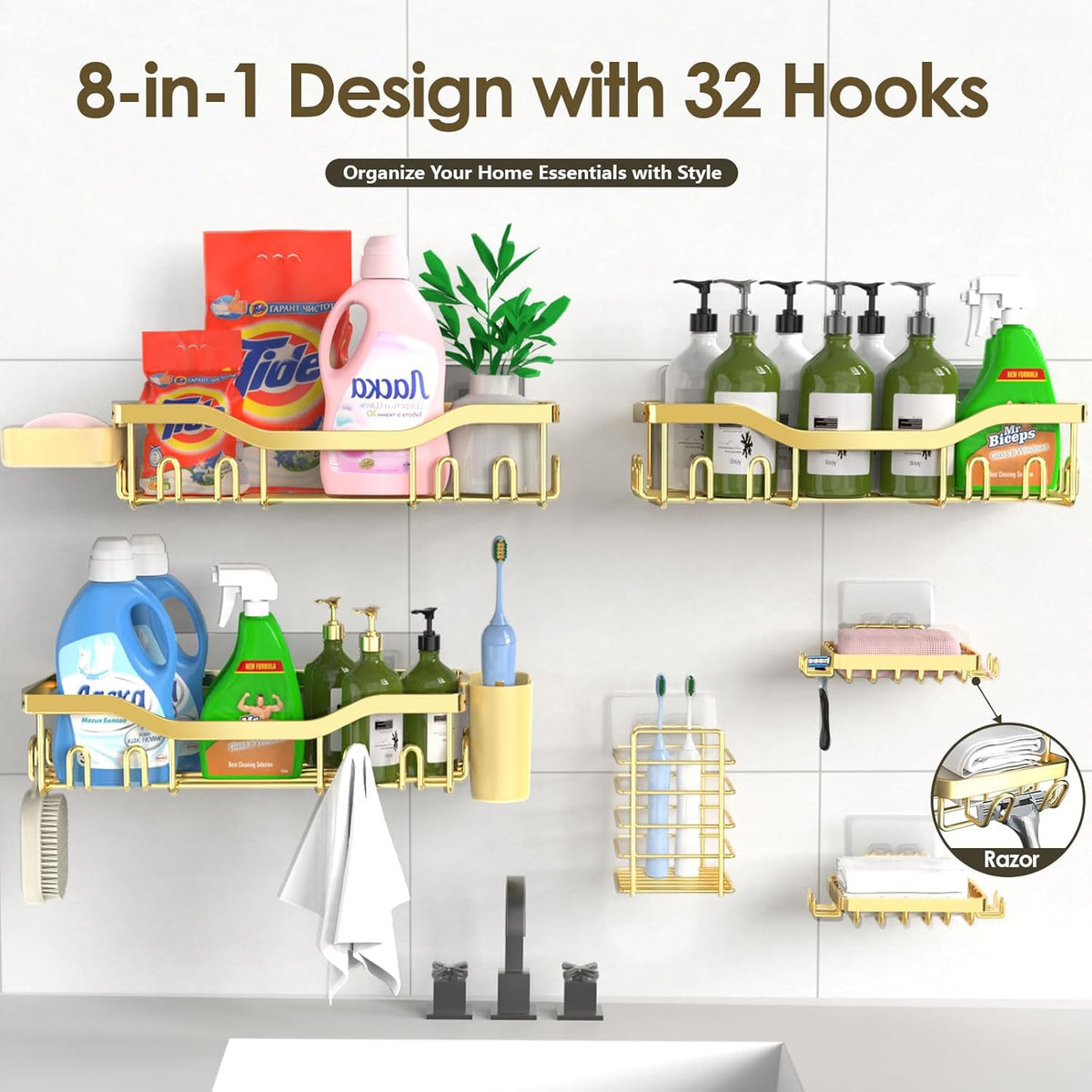 NESOMI 7-Pack Shower Caddy Adhesive,Stainless Steel Shower Organizer Shelf | Rustproof, with Soap Dish Toothbrush Holder, Large Capacity, No-Drill Rack Bathroom Storage Accessories, 24 Hooks, Home Decor