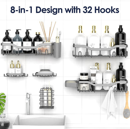 NESOMI 7-Pack Shower Caddy Adhesive,Stainless Steel Shower Organizer Shelf | Rustproof, with Soap Dish Toothbrush Holder, Large Capacity, No-Drill Rack Bathroom Storage Accessories, 24 Hooks, Home Decor