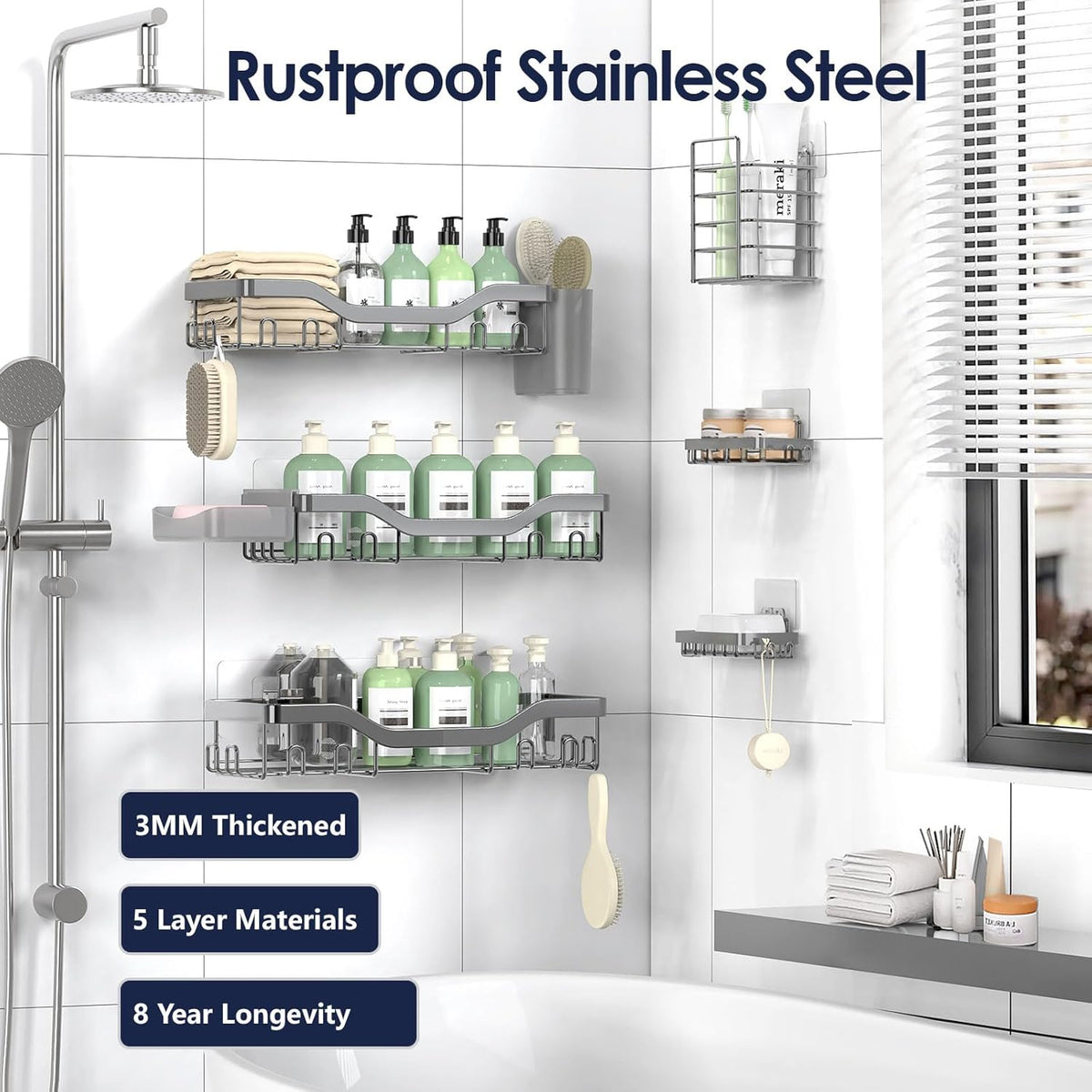 NESOMI 7-Pack Shower Caddy Adhesive,Stainless Steel Shower Organizer Shelf | Rustproof, with Soap Dish Toothbrush Holder, Large Capacity, No-Drill Rack Bathroom Storage Accessories, 24 Hooks, Home Decor