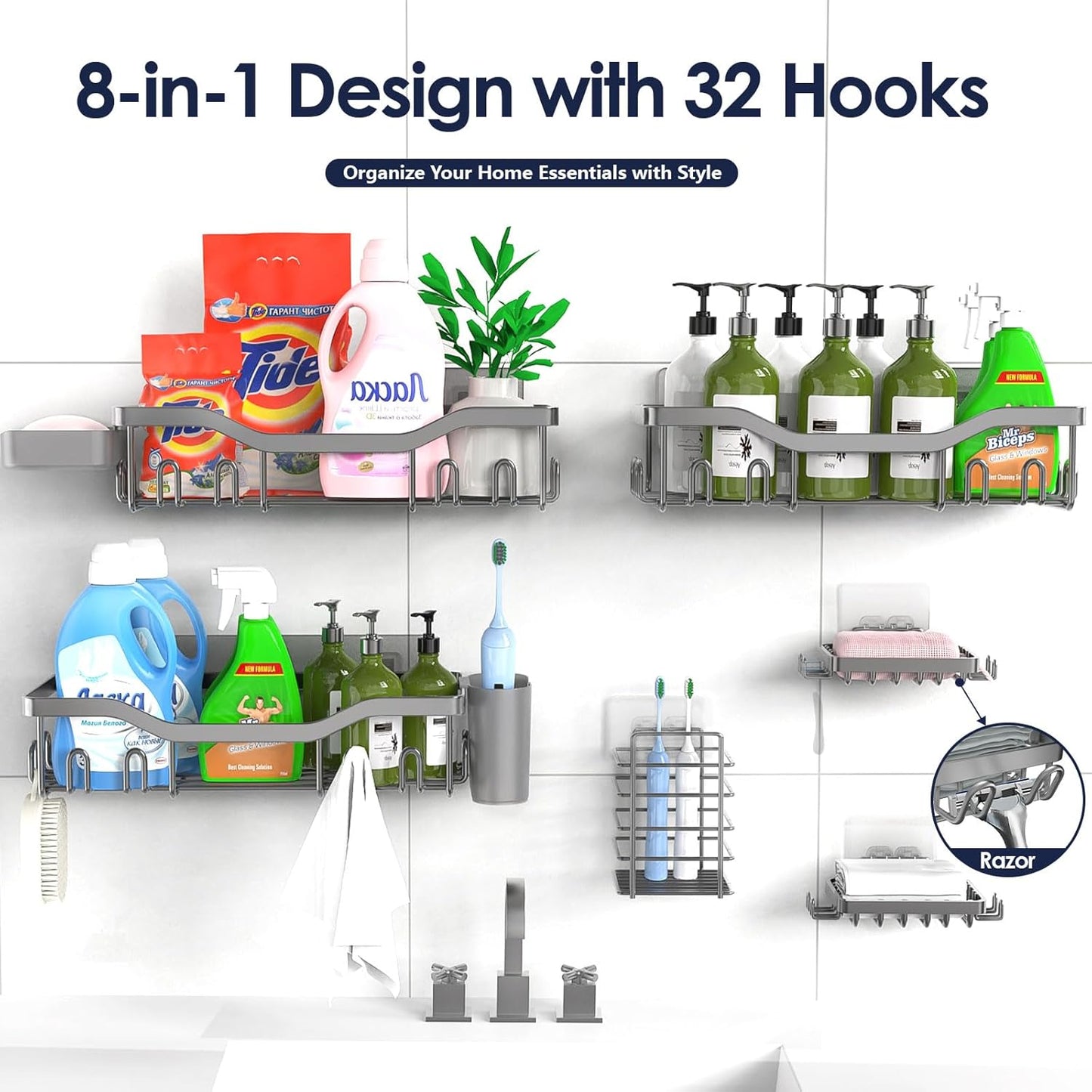 NESOMI 7-Pack Shower Caddy Adhesive,Stainless Steel Shower Organizer Shelf | Rustproof, with Soap Dish Toothbrush Holder, Large Capacity, No-Drill Rack Bathroom Storage Accessories, 24 Hooks, Home Decor