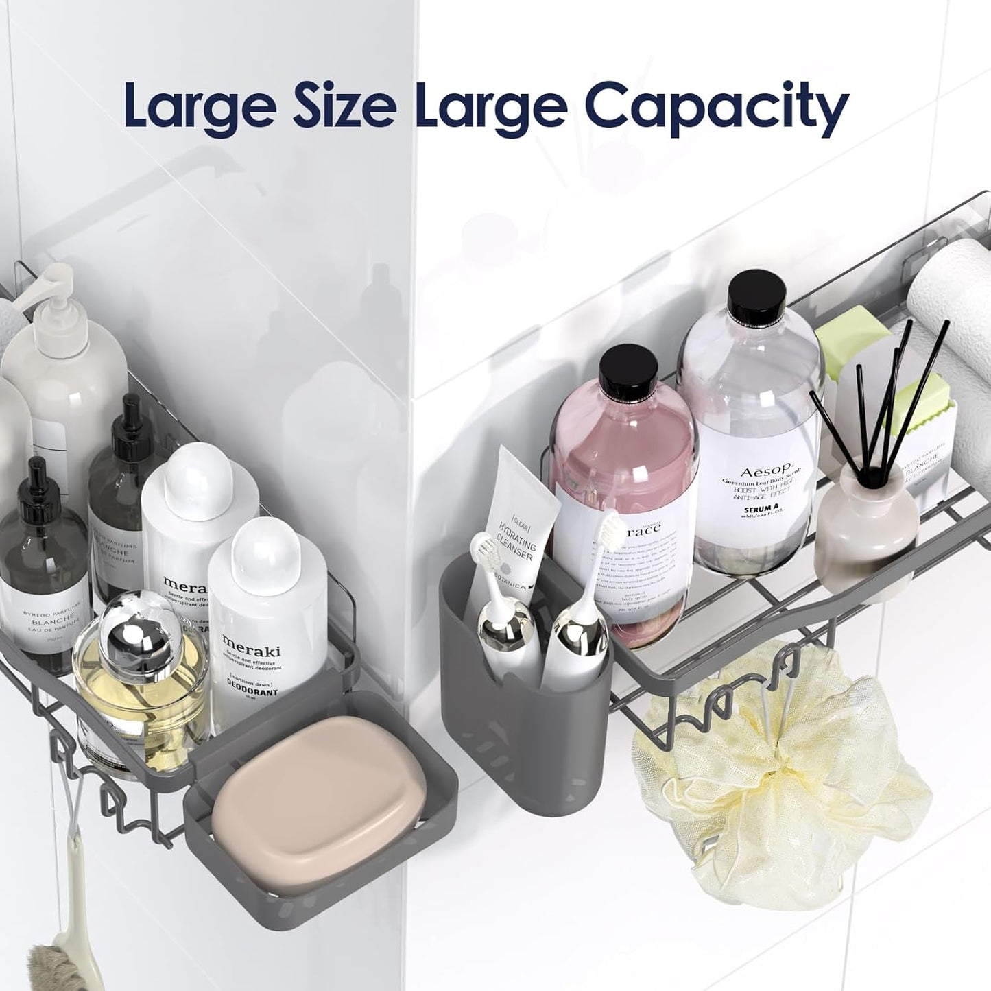 NESOMI 7-Pack Shower Caddy Adhesive,Stainless Steel Shower Organizer Shelf | Rustproof, with Soap Dish Toothbrush Holder, Large Capacity, No-Drill Rack Bathroom Storage Accessories, 24 Hooks, Home Decor