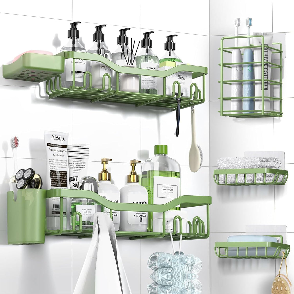 NESOMI 7-Pack Shower Caddy Adhesive,Stainless Steel Shower Organizer Shelf | Rustproof, with Soap Dish Toothbrush Holder, Large Capacity, No-Drill Rack Bathroom Storage Accessories, 24 Hooks, Home Decor