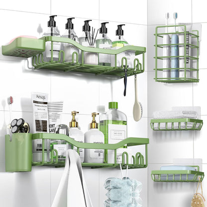 NESOMI 7-Pack Shower Caddy Adhesive,Stainless Steel Shower Organizer Shelf | Rustproof, with Soap Dish Toothbrush Holder, Large Capacity, No-Drill Rack Bathroom Storage Accessories, 24 Hooks, Home Decor