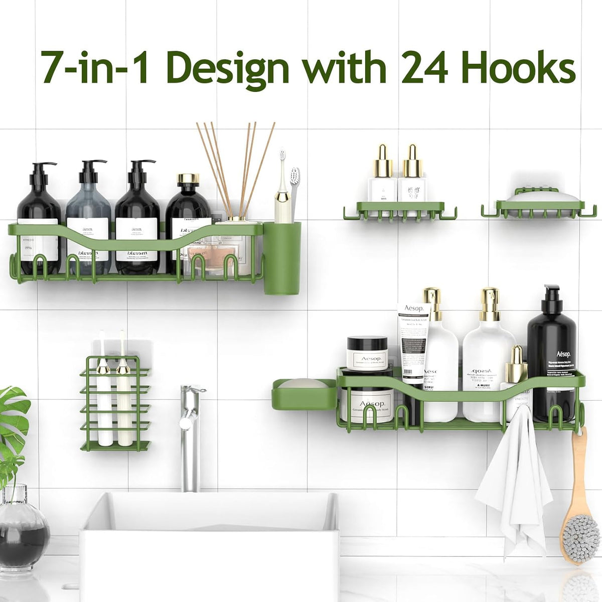 NESOMI 7-Pack Shower Caddy Adhesive,Stainless Steel Shower Organizer Shelf | Rustproof, with Soap Dish Toothbrush Holder, Large Capacity, No-Drill Rack Bathroom Storage Accessories, 24 Hooks, Home Decor