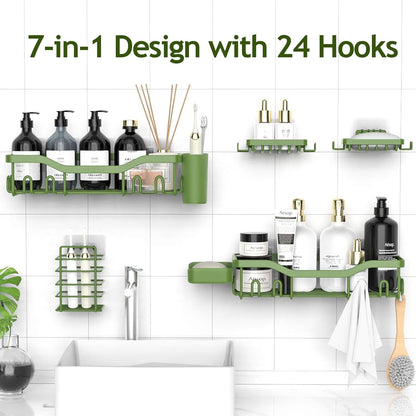 NESOMI 7-Pack Shower Caddy Adhesive,Stainless Steel Shower Organizer Shelf | Rustproof, with Soap Dish Toothbrush Holder, Large Capacity, No-Drill Rack Bathroom Storage Accessories, 24 Hooks, Home Decor