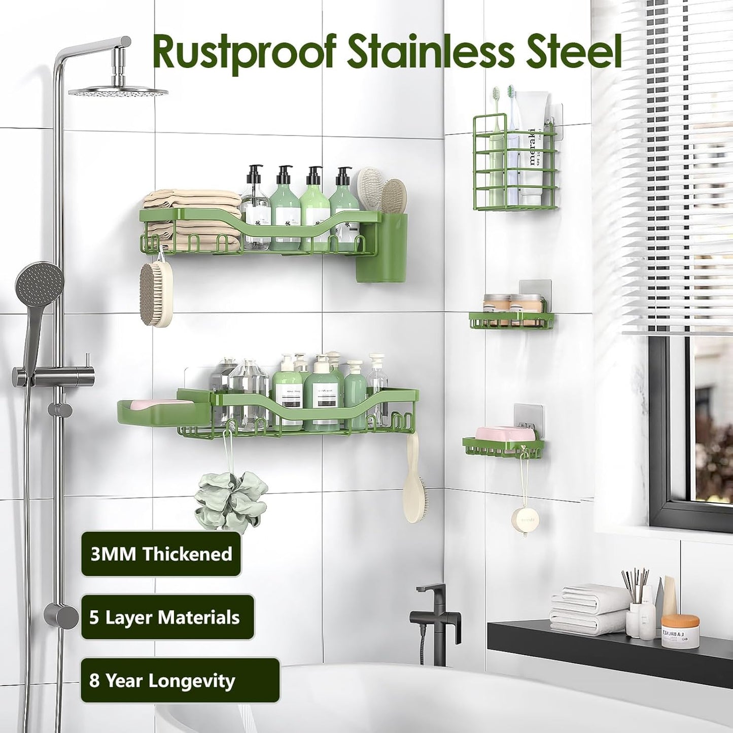 NESOMI 7-Pack Shower Caddy Adhesive,Stainless Steel Shower Organizer Shelf | Rustproof, with Soap Dish Toothbrush Holder, Large Capacity, No-Drill Rack Bathroom Storage Accessories, 24 Hooks, Home Decor