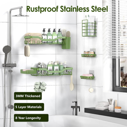 NESOMI 7-Pack Shower Caddy Adhesive,Stainless Steel Shower Organizer Shelf | Rustproof, with Soap Dish Toothbrush Holder, Large Capacity, No-Drill Rack Bathroom Storage Accessories, 24 Hooks, Home Decor