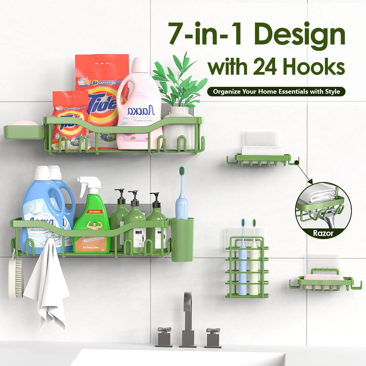 NESOMI 7-Pack Shower Caddy Adhesive,Stainless Steel Shower Organizer Shelf | Rustproof, with Soap Dish Toothbrush Holder, Large Capacity, No-Drill Rack Bathroom Storage Accessories, 24 Hooks, Home Decor