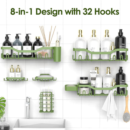 NESOMI 7-Pack Shower Caddy Adhesive,Stainless Steel Shower Organizer Shelf | Rustproof, with Soap Dish Toothbrush Holder, Large Capacity, No-Drill Rack Bathroom Storage Accessories, 24 Hooks, Home Decor
