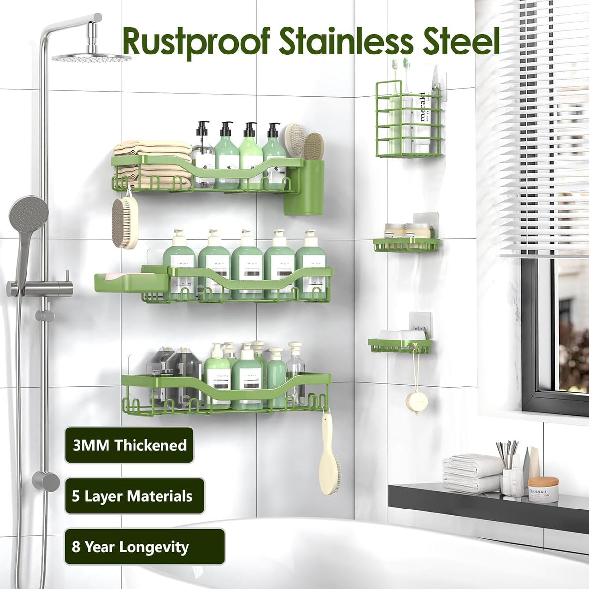 NESOMI 7-Pack Shower Caddy Adhesive,Stainless Steel Shower Organizer Shelf | Rustproof, with Soap Dish Toothbrush Holder, Large Capacity, No-Drill Rack Bathroom Storage Accessories, 24 Hooks, Home Decor