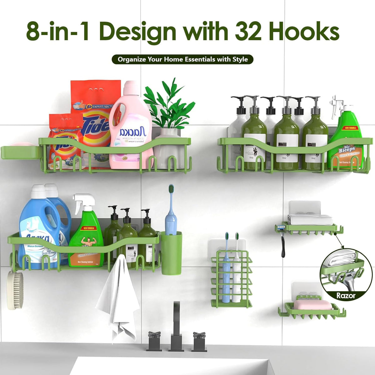 NESOMI 7-Pack Shower Caddy Adhesive,Stainless Steel Shower Organizer Shelf | Rustproof, with Soap Dish Toothbrush Holder, Large Capacity, No-Drill Rack Bathroom Storage Accessories, 24 Hooks, Home Decor