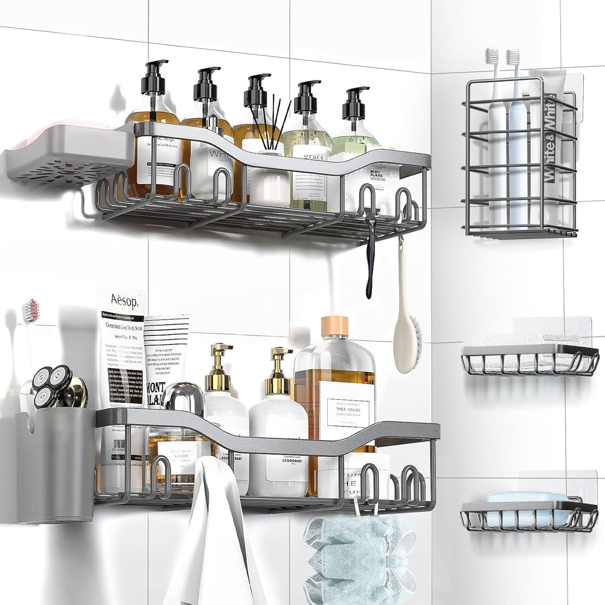 NESOMI 7-Pack Shower Caddy Adhesive,Stainless Steel Shower Organizer Shelf | Rustproof, with Soap Dish Toothbrush Holder, Large Capacity, No-Drill Rack Bathroom Storage Accessories, 24 Hooks, Home Decor