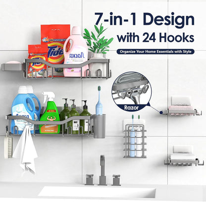 NESOMI 7-Pack Shower Caddy Adhesive,Stainless Steel Shower Organizer Shelf | Rustproof, with Soap Dish Toothbrush Holder, Large Capacity, No-Drill Rack Bathroom Storage Accessories, 24 Hooks, Home Decor