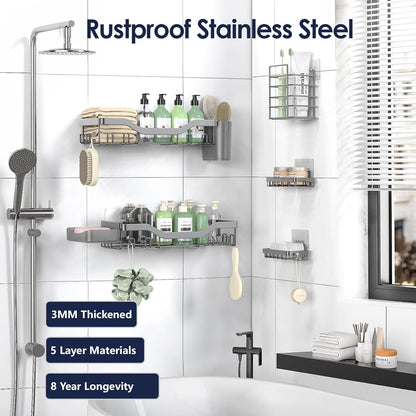 NESOMI 7-Pack Shower Caddy Adhesive,Stainless Steel Shower Organizer Shelf | Rustproof, with Soap Dish Toothbrush Holder, Large Capacity, No-Drill Rack Bathroom Storage Accessories, 24 Hooks, Home Decor