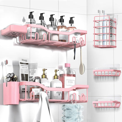 NESOMI 7-Pack Shower Caddy Adhesive,Stainless Steel Shower Organizer Shelf | Rustproof, with Soap Dish Toothbrush Holder, Large Capacity, No-Drill Rack Bathroom Storage Accessories, 24 Hooks, Home Decor