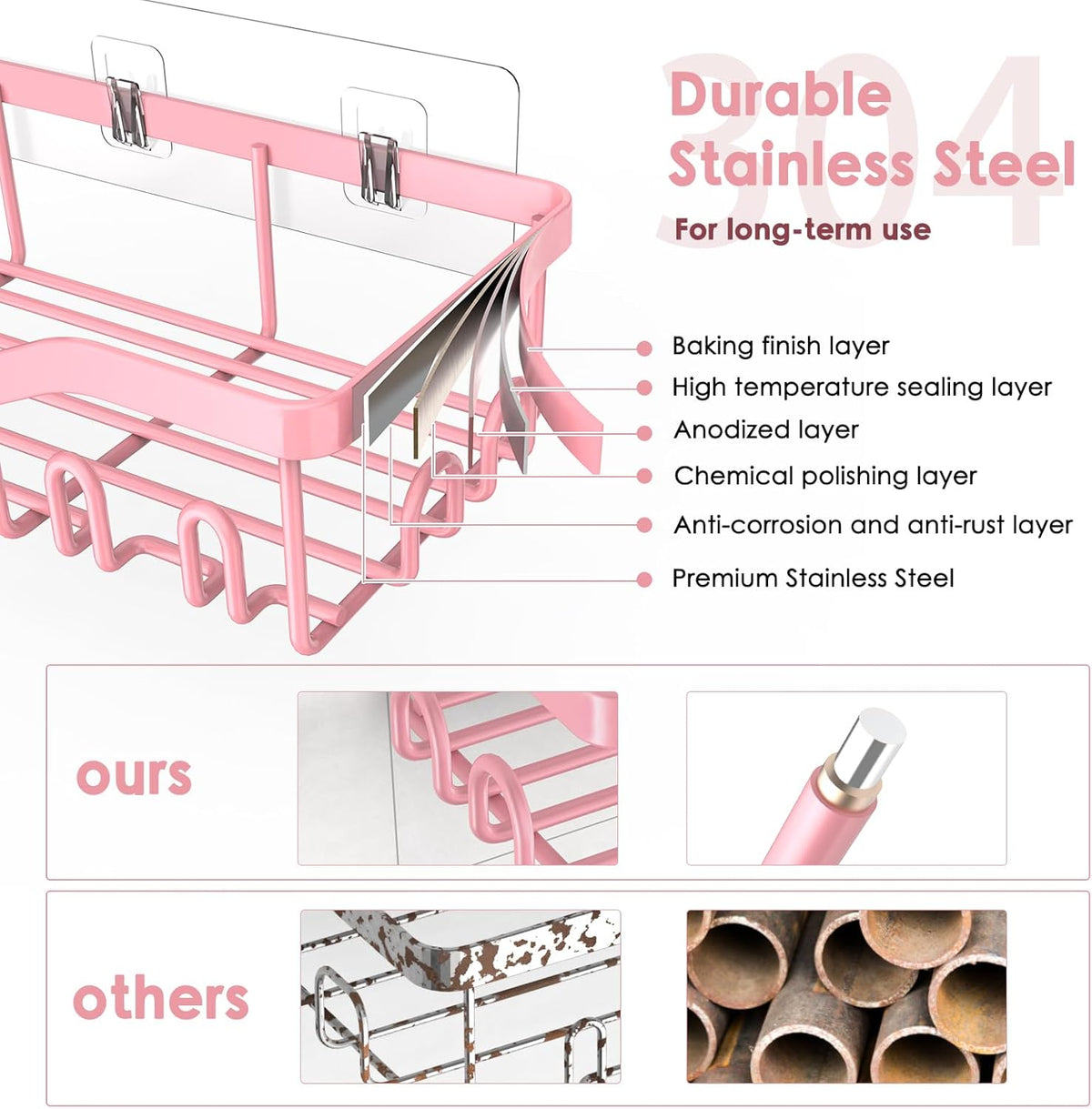 NESOMI 7-Pack Shower Caddy Adhesive,Stainless Steel Shower Organizer Shelf | Rustproof, with Soap Dish Toothbrush Holder, Large Capacity, No-Drill Rack Bathroom Storage Accessories, 24 Hooks, Home Decor