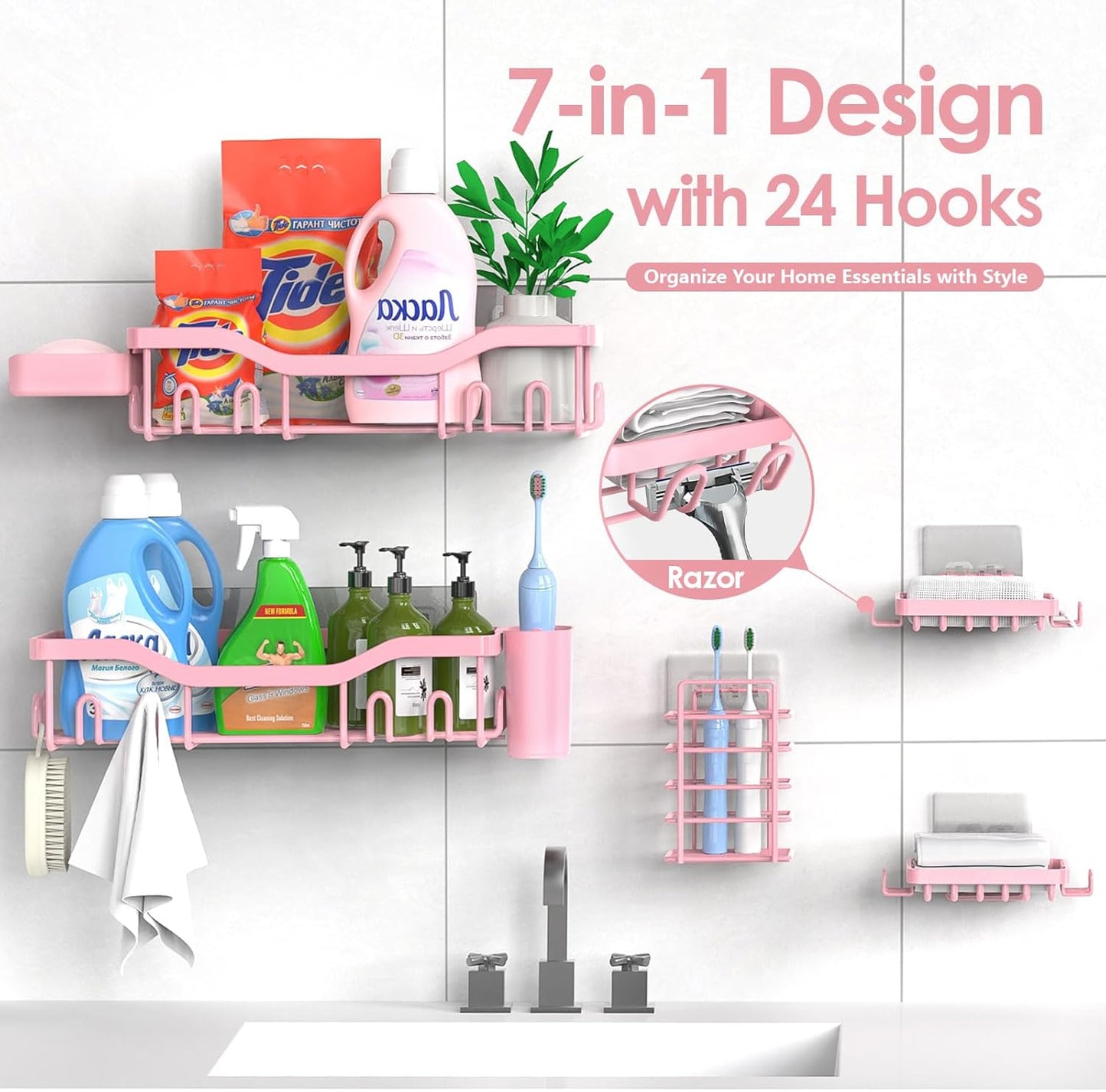 NESOMI 7-Pack Shower Caddy Adhesive,Stainless Steel Shower Organizer Shelf | Rustproof, with Soap Dish Toothbrush Holder, Large Capacity, No-Drill Rack Bathroom Storage Accessories, 24 Hooks, Home Decor