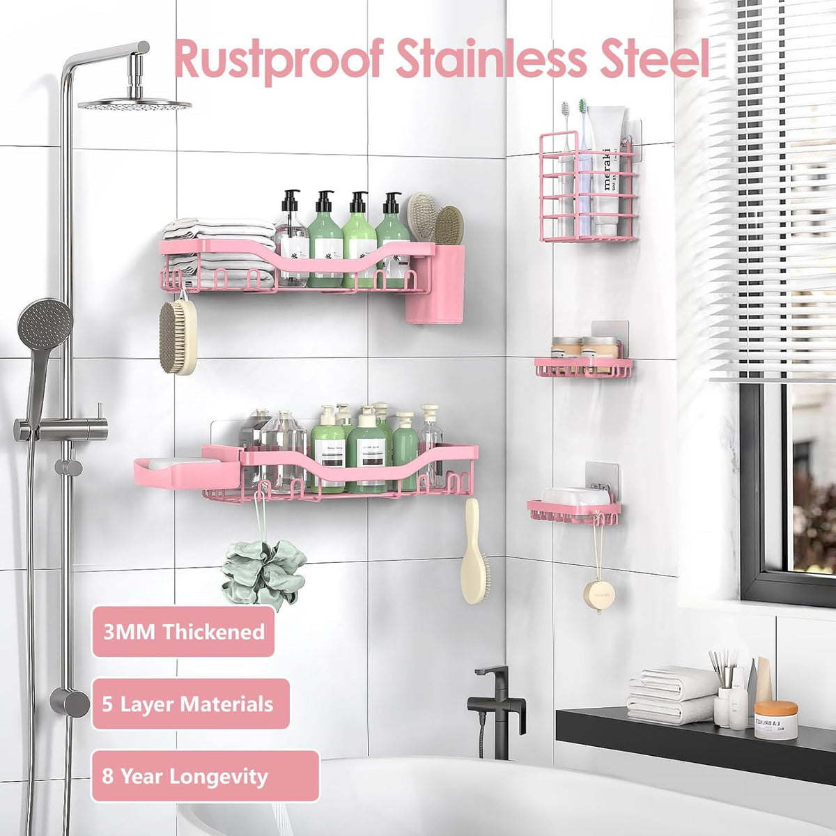 NESOMI 7-Pack Shower Caddy Adhesive,Stainless Steel Shower Organizer Shelf | Rustproof, with Soap Dish Toothbrush Holder, Large Capacity, No-Drill Rack Bathroom Storage Accessories, 24 Hooks, Home Decor
