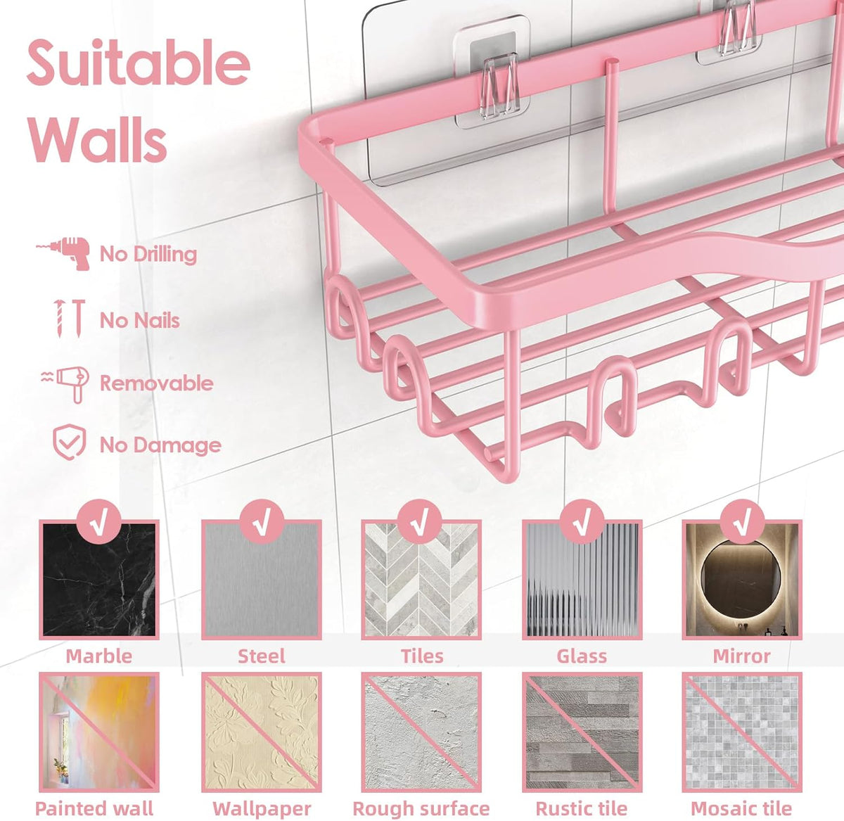 NESOMI 7-Pack Shower Caddy Adhesive,Stainless Steel Shower Organizer Shelf | Rustproof, with Soap Dish Toothbrush Holder, Large Capacity, No-Drill Rack Bathroom Storage Accessories, 24 Hooks, Home Decor
