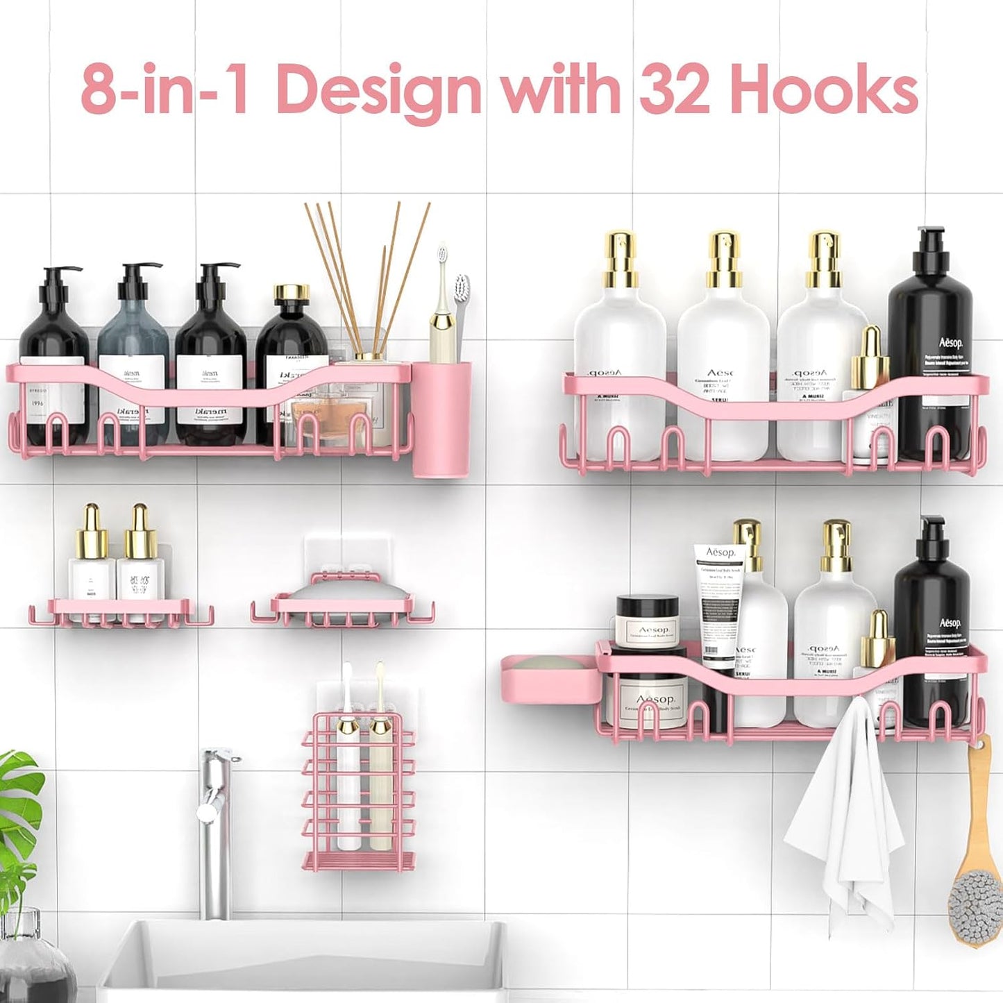 NESOMI 7-Pack Shower Caddy Adhesive,Stainless Steel Shower Organizer Shelf | Rustproof, with Soap Dish Toothbrush Holder, Large Capacity, No-Drill Rack Bathroom Storage Accessories, 24 Hooks, Home Decor