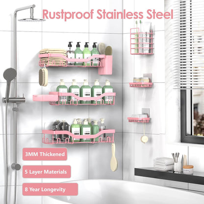 NESOMI 7-Pack Shower Caddy Adhesive,Stainless Steel Shower Organizer Shelf | Rustproof, with Soap Dish Toothbrush Holder, Large Capacity, No-Drill Rack Bathroom Storage Accessories, 24 Hooks, Home Decor