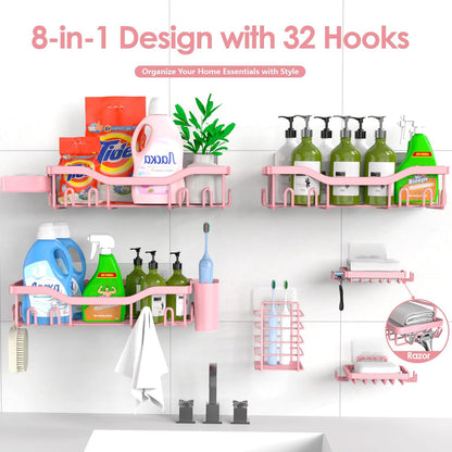 NESOMI 7-Pack Shower Caddy Adhesive,Stainless Steel Shower Organizer Shelf | Rustproof, with Soap Dish Toothbrush Holder, Large Capacity, No-Drill Rack Bathroom Storage Accessories, 24 Hooks, Home Decor