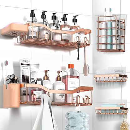 NESOMI 7-Pack Shower Caddy Adhesive,Stainless Steel Shower Organizer Shelf | Rustproof, with Soap Dish Toothbrush Holder, Large Capacity, No-Drill Rack Bathroom Storage Accessories, 24 Hooks, Home Decor