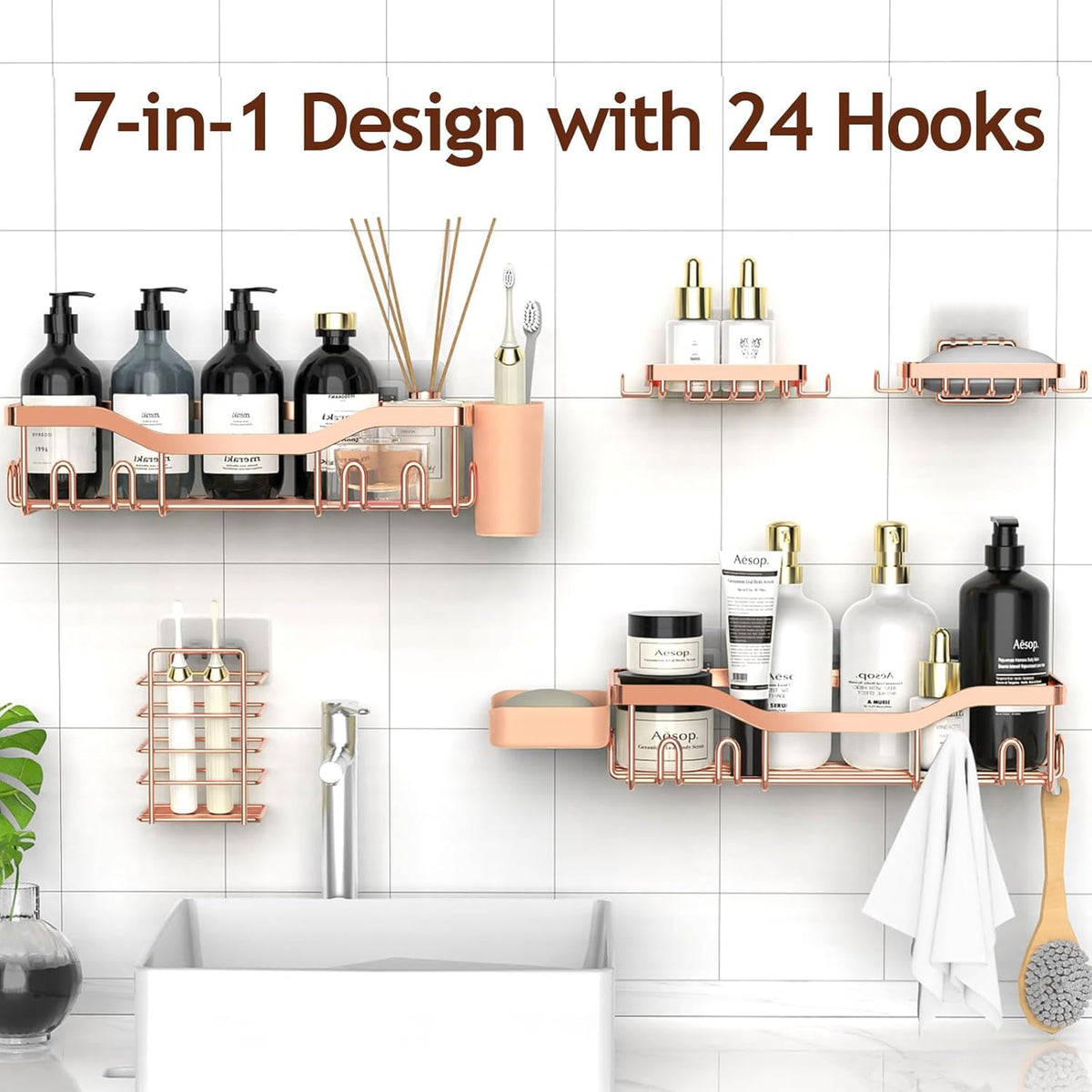 NESOMI 7-Pack Shower Caddy Adhesive,Stainless Steel Shower Organizer Shelf | Rustproof, with Soap Dish Toothbrush Holder, Large Capacity, No-Drill Rack Bathroom Storage Accessories, 24 Hooks, Home Decor
