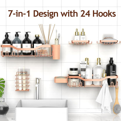 NESOMI 7-Pack Shower Caddy Adhesive,Stainless Steel Shower Organizer Shelf | Rustproof, with Soap Dish Toothbrush Holder, Large Capacity, No-Drill Rack Bathroom Storage Accessories, 24 Hooks, Home Decor