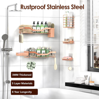 NESOMI 7-Pack Shower Caddy Adhesive,Stainless Steel Shower Organizer Shelf | Rustproof, with Soap Dish Toothbrush Holder, Large Capacity, No-Drill Rack Bathroom Storage Accessories, 24 Hooks, Home Decor