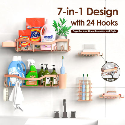 NESOMI 7-Pack Shower Caddy Adhesive,Stainless Steel Shower Organizer Shelf | Rustproof, with Soap Dish Toothbrush Holder, Large Capacity, No-Drill Rack Bathroom Storage Accessories, 24 Hooks, Home Decor