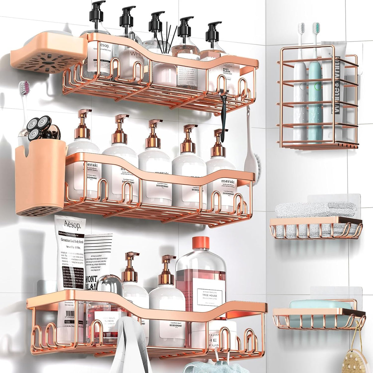 NESOMI 7-Pack Shower Caddy Adhesive,Stainless Steel Shower Organizer Shelf | Rustproof, with Soap Dish Toothbrush Holder, Large Capacity, No-Drill Rack Bathroom Storage Accessories, 24 Hooks, Home Decor