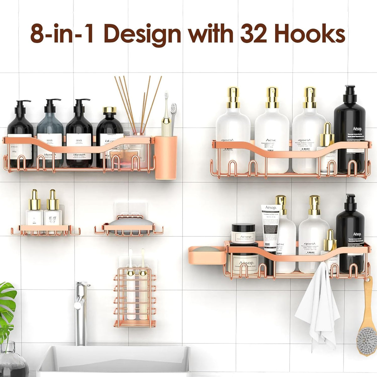 NESOMI 7-Pack Shower Caddy Adhesive,Stainless Steel Shower Organizer Shelf | Rustproof, with Soap Dish Toothbrush Holder, Large Capacity, No-Drill Rack Bathroom Storage Accessories, 24 Hooks, Home Decor