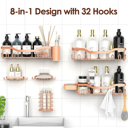 NESOMI 7-Pack Shower Caddy Adhesive,Stainless Steel Shower Organizer Shelf | Rustproof, with Soap Dish Toothbrush Holder, Large Capacity, No-Drill Rack Bathroom Storage Accessories, 24 Hooks, Home Decor