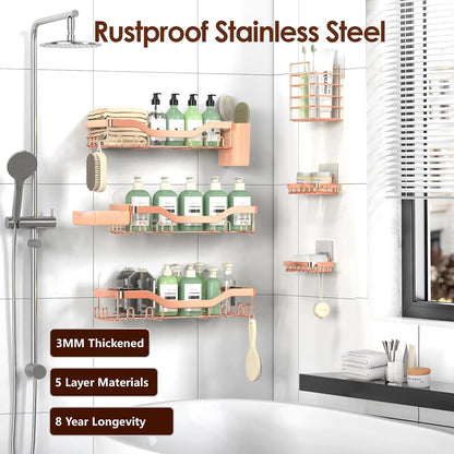NESOMI 7-Pack Shower Caddy Adhesive,Stainless Steel Shower Organizer Shelf | Rustproof, with Soap Dish Toothbrush Holder, Large Capacity, No-Drill Rack Bathroom Storage Accessories, 24 Hooks, Home Decor