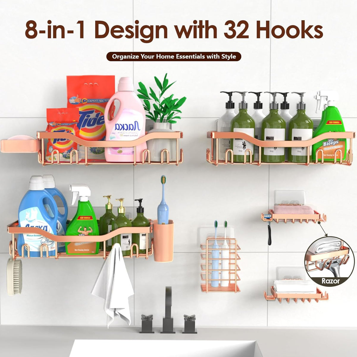 NESOMI 7-Pack Shower Caddy Adhesive,Stainless Steel Shower Organizer Shelf | Rustproof, with Soap Dish Toothbrush Holder, Large Capacity, No-Drill Rack Bathroom Storage Accessories, 24 Hooks, Home Decor