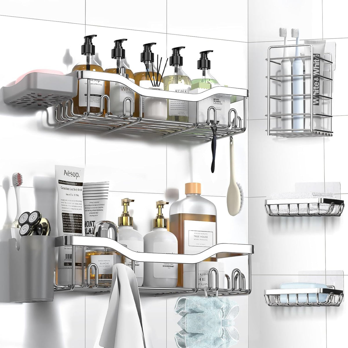 NESOMI 7-Pack Shower Caddy Adhesive,Stainless Steel Shower Organizer Shelf | Rustproof, with Soap Dish Toothbrush Holder, Large Capacity, No-Drill Rack Bathroom Storage Accessories, 24 Hooks, Home Decor