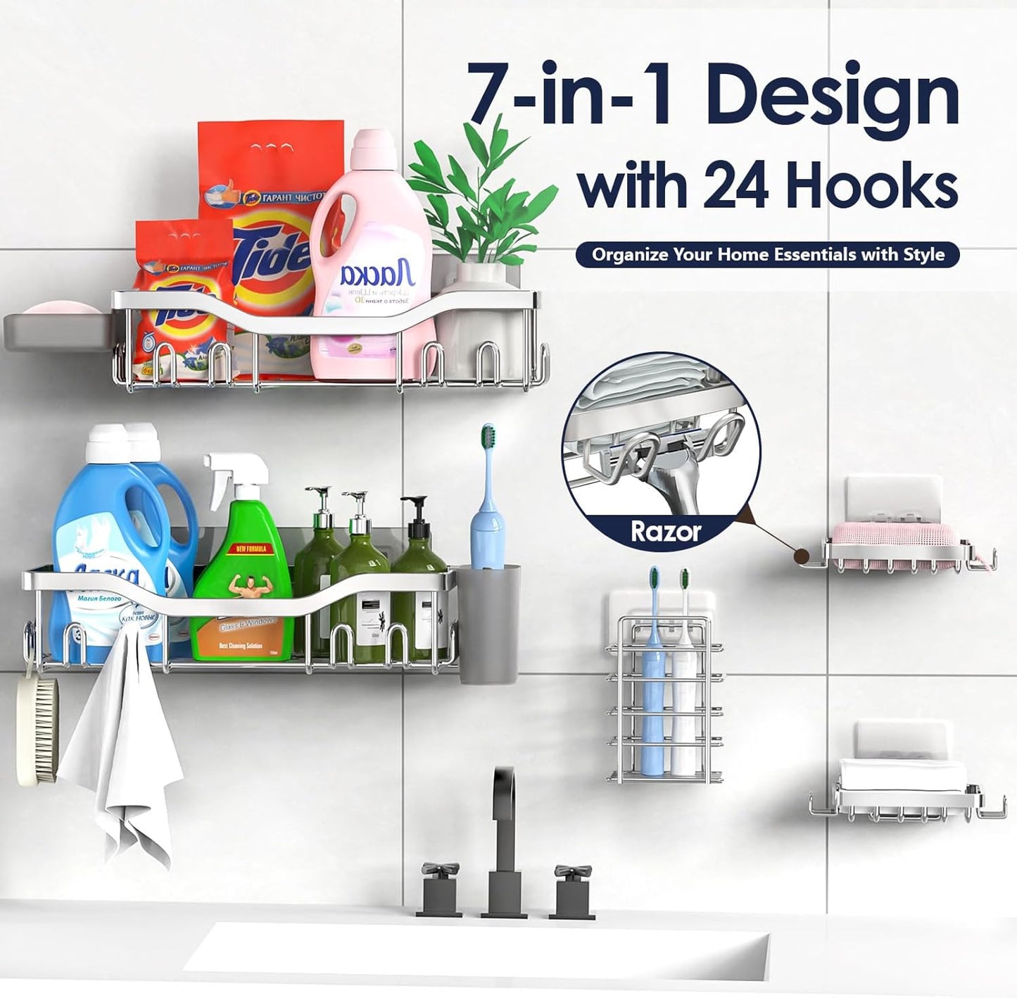 NESOMI 7-Pack Shower Caddy Adhesive,Stainless Steel Shower Organizer Shelf | Rustproof, with Soap Dish Toothbrush Holder, Large Capacity, No-Drill Rack Bathroom Storage Accessories, 24 Hooks, Home Decor