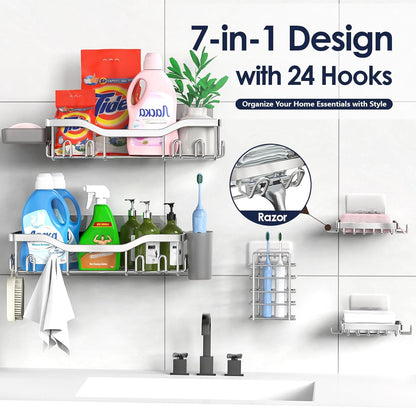 NESOMI 7-Pack Shower Caddy Adhesive,Stainless Steel Shower Organizer Shelf | Rustproof, with Soap Dish Toothbrush Holder, Large Capacity, No-Drill Rack Bathroom Storage Accessories, 24 Hooks, Home Decor
