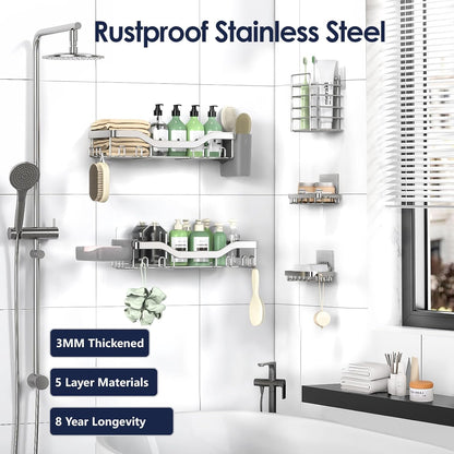 NESOMI 7-Pack Shower Caddy Adhesive,Stainless Steel Shower Organizer Shelf | Rustproof, with Soap Dish Toothbrush Holder, Large Capacity, No-Drill Rack Bathroom Storage Accessories, 24 Hooks, Home Decor