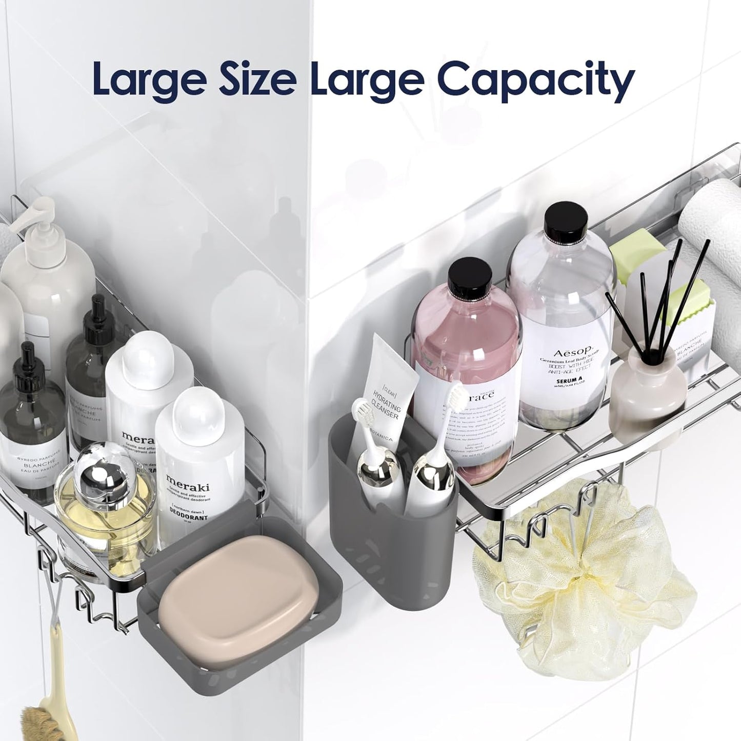 NESOMI 7-Pack Shower Caddy Adhesive,Stainless Steel Shower Organizer Shelf | Rustproof, with Soap Dish Toothbrush Holder, Large Capacity, No-Drill Rack Bathroom Storage Accessories, 24 Hooks, Home Decor