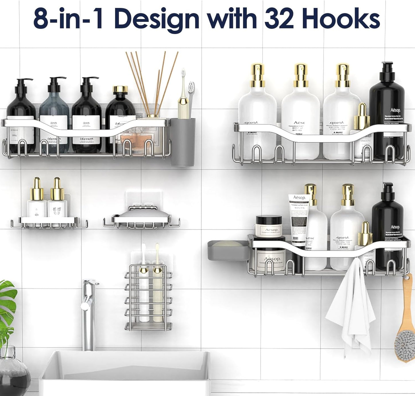 NESOMI 7-Pack Shower Caddy Adhesive,Stainless Steel Shower Organizer Shelf | Rustproof, with Soap Dish Toothbrush Holder, Large Capacity, No-Drill Rack Bathroom Storage Accessories, 24 Hooks, Home Decor
