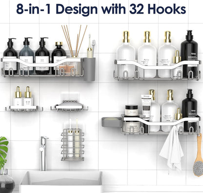NESOMI 7-Pack Shower Caddy Adhesive,Stainless Steel Shower Organizer Shelf | Rustproof, with Soap Dish Toothbrush Holder, Large Capacity, No-Drill Rack Bathroom Storage Accessories, 24 Hooks, Home Decor