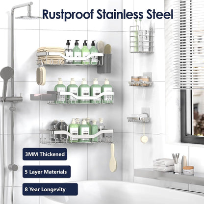 NESOMI 7-Pack Shower Caddy Adhesive,Stainless Steel Shower Organizer Shelf | Rustproof, with Soap Dish Toothbrush Holder, Large Capacity, No-Drill Rack Bathroom Storage Accessories, 24 Hooks, Home Decor